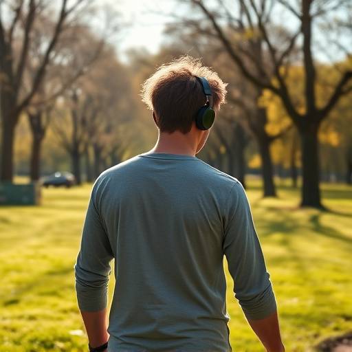 Blog Post Thumbnail: A person listening to a podcast with headphones while walking in a park